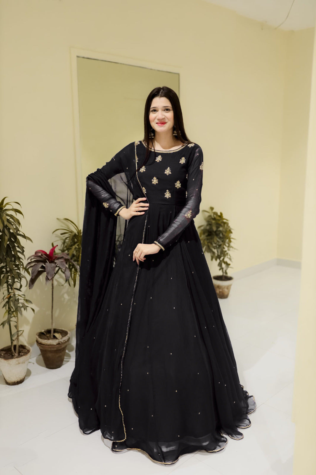 Neck & Sleeves Sequence Embroidered with Lace and front & Back Pearls Attached Maxi with Pearls Dupatta 3PCs